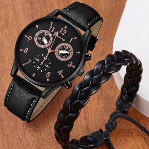 1pc Men Minimalist Round Pointer Quartz Watch & 1pc Bracelet